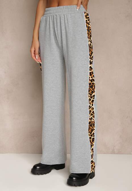 Szary Komplet Dresowy z Panterkowymi Wstawkami Bluza i Spodnie Wide Leg Redrie 4