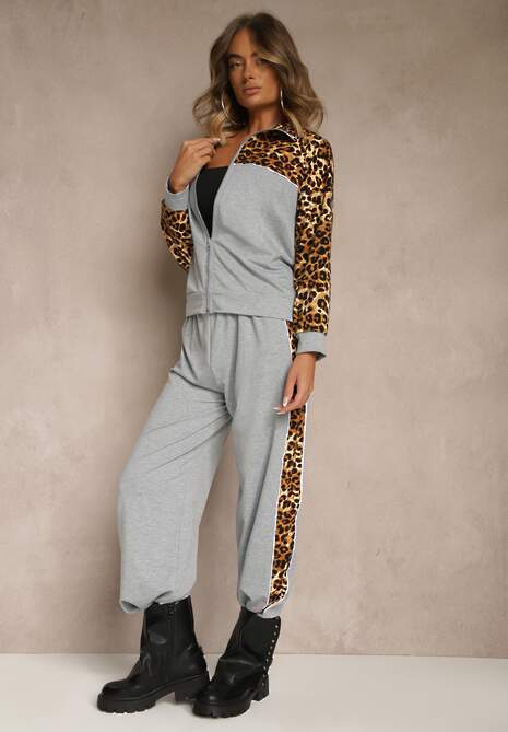 Szary Komplet Dresowy z Panterkowymi Wstawkami Bluza i Spodnie Wide Leg Redrie 5
