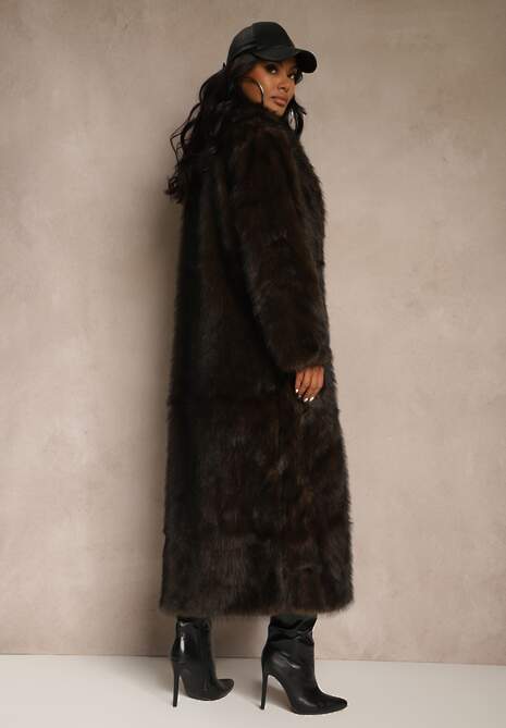 Brązowy Płaszcz Futerko o Długim Kroju Ozdobiony Kołnierzem Cannesa 4