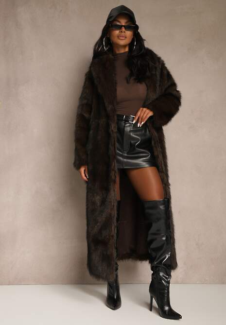 Brązowy Płaszcz Futerko o Długim Kroju Ozdobiony Kołnierzem Cannesa 5