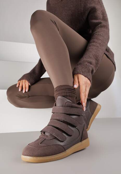 Brązowe Sneakersy na Ukrytym Koturnie Ozdobione Przeszyciami Tlavie