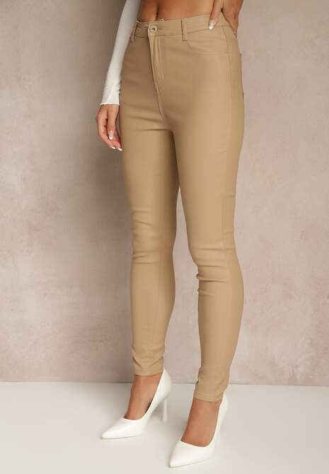 Beżowe Casualowe Spodnie Skinny o Modelującym Fasonie Elovi 4