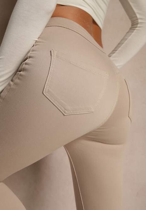 Beżowe Spodnie z Bawełny o Kroju Skinny Irivella 5