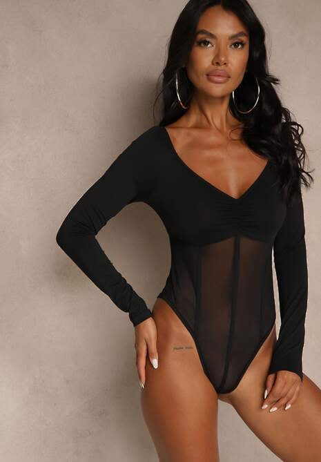 Czarne Body Vices o Fasonie Longsleeve z Dekoltem w Kształcie V Asstre
