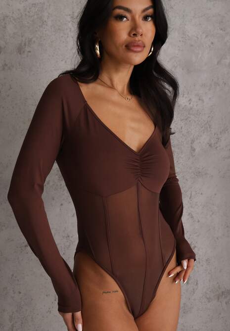Brązowe Body Vices o Fasonie Longsleeve z Dekoltem w Kształcie V Asstre 4