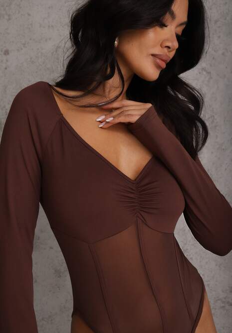 Brązowe Body Vices o Fasonie Longsleeve z Dekoltem w Kształcie V Asstre 5