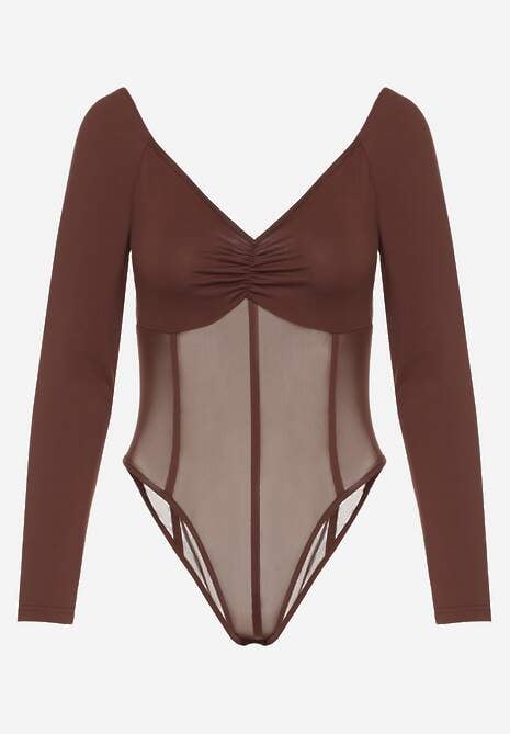 Brązowe Body Vices o Fasonie Longsleeve z Dekoltem w Kształcie V Asstre 6