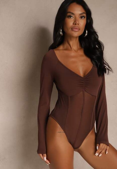 Brązowe Body Vices o Fasonie Longsleeve z Dekoltem w Kształcie V Asstre