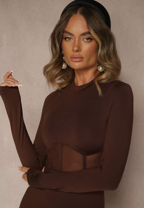 Brązowa Sukienka Vices Bodycon z Transparentną Wstawką Typu Gorset Necotte 5