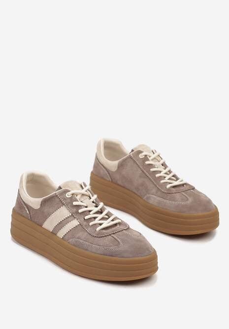 Brązowe Sneakersy Zamszowe na Platformie ze Skórzaną Wkładką Ozdobione Paskiem Adivrie 5