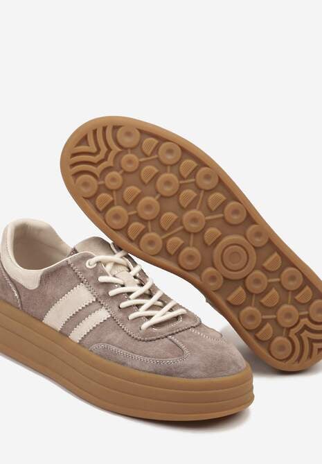 Brązowe Sneakersy Zamszowe na Platformie ze Skórzaną Wkładką Ozdobione Paskiem Adivrie 6