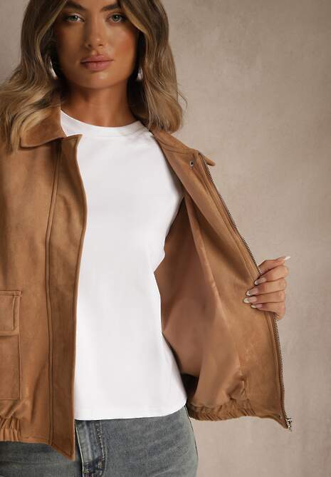 Beżowa Przejściowa Kurtka Bomberka o Koszulowym Kroju z Imitacji Zamszu Irvila 6