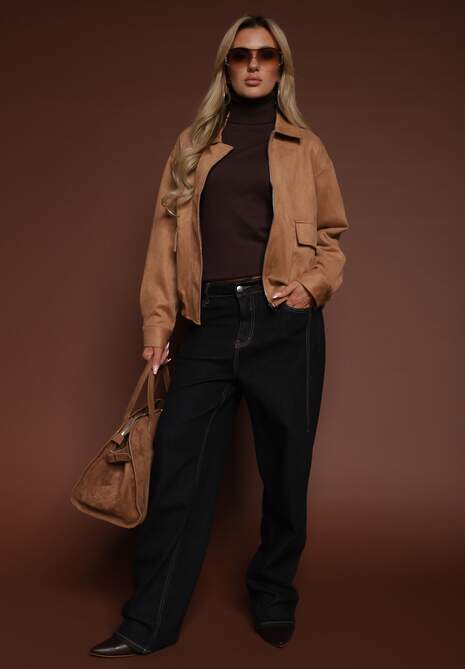 Beżowa Przejściowa Kurtka Bomberka o Koszulowym Kroju z Imitacji Zamszu Irvila 5