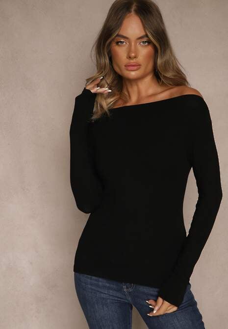 Czarna Wiskozowa Bluzka Longsleeve z Dekoltem Typu Łódka Zaide