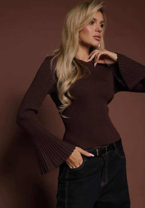 Brązowy Sweter z Dzianiny w Prążki z Wiskozą z Rozszerzanymi Rękawami Sediane