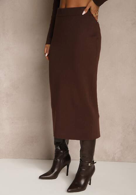 Brązowy Elegancki Komplet Garniturowy z Wiskozą Taliowana Marynarka i Spódnica Zaite 4