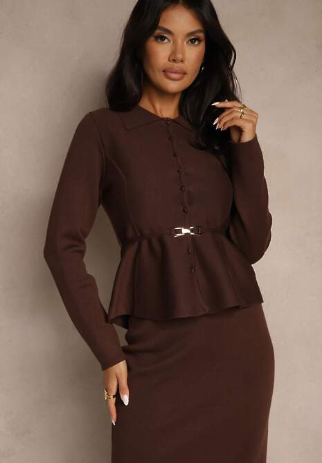 Brązowy Elegancki Komplet Garniturowy z Wiskozą Taliowana Marynarka i Spódnica Zaite 5