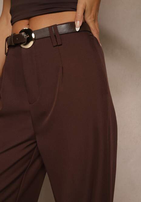 Brązowe Garniturowe Spodnie Wide Leg z Dodatkowym Paskiem Cintriane 5