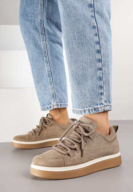 Ciemnobeżowe Sneakersy z Ozdobnymi Przeszyciami Zailera
