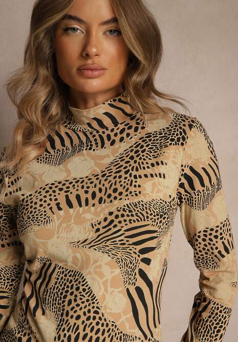 Beżowo-Czarna Bluzka Longsleeve z Bawełny z Półgolfem i Panterkowym Printem Unalla 5