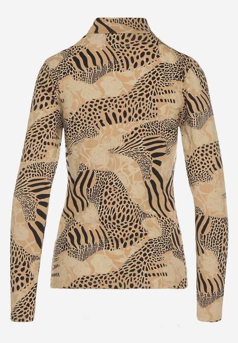 Beżowo-Czarna Bluzka Longsleeve z Bawełny z Półgolfem i Panterkowym Printem Unalla 7