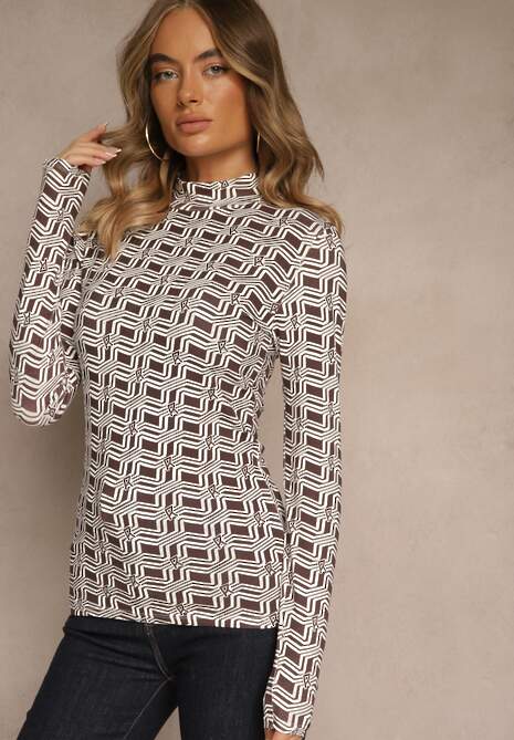 Biało-Brązowa Bluzka Longsleeve z Golfem z Bawełny w Geometryczny Print Zadanevia 4