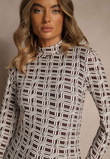 Biało-Brązowa Bluzka Longsleeve z Golfem z Bawełny w Geometryczny Print Zadanevia 5