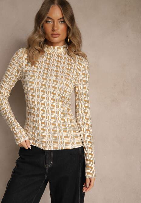 Biało-Beżowa Bluzka Longsleeve z Golfem z Bawełny w Geometryczny Print Zadanevia 4