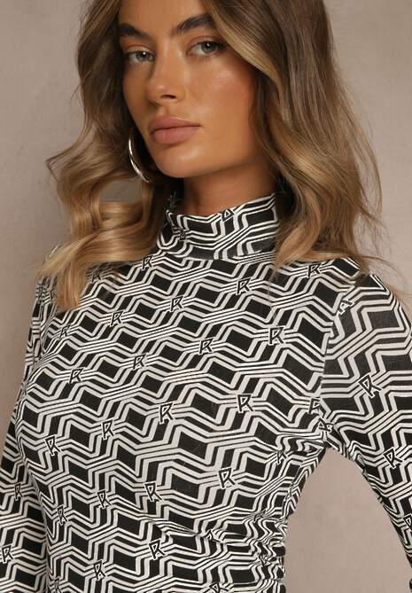 Biało-Czarna Bluzka Longsleeve z Golfem z Bawełny w Geometryczny Print Zadanevia 5