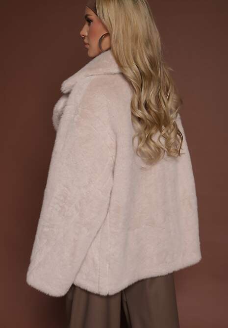 Beżowa Dwurzędowa Kurtka Futerko o Fasonie Oversize Manella 7