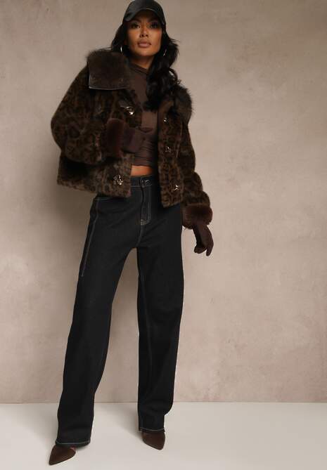 Brązowa Krótka Kurtka Futerko w Panterkę z Oryginalnym Zapięciem Otizana 4