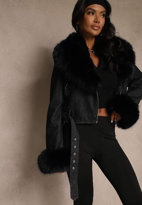 Granatowa Kurtka o Kroju Ramoneski z Ociepleniem Zdobiona Futrem Mevindana 4