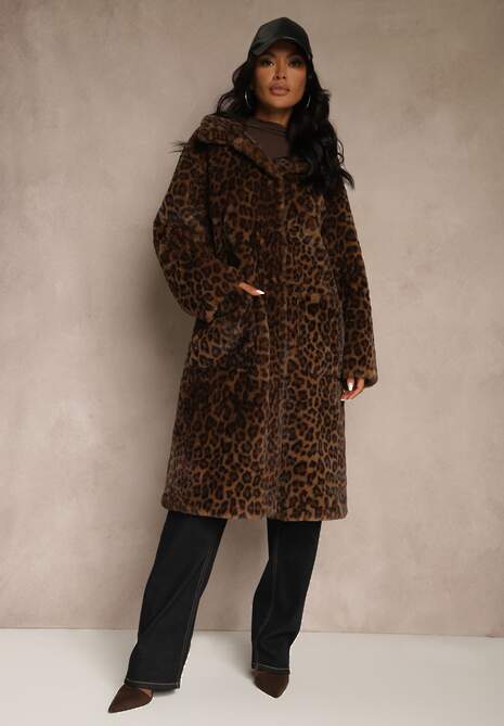 Brązowy Panterkowy Płaszcz Futerko o Jednorzędowym Kroju Otirela