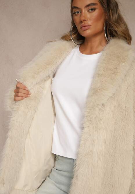 Beżowa Klasyczna Kurtka Futerko z Wąskim Wiązanym Paskiem w Talii Casfitta 7