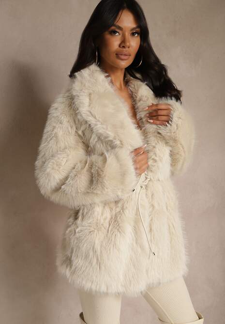 Beżowa Klasyczna Kurtka Futerko z Wąskim Wiązanym Paskiem w Talii Casfitta