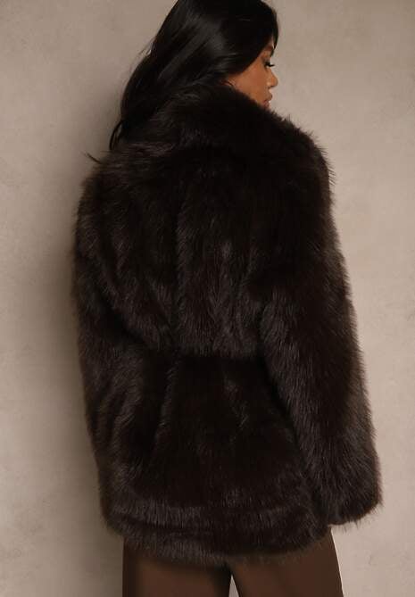 Brązowa Klasyczna Kurtka Futerko z Wąskim Wiązanym Paskiem w Talii Casfitta 5