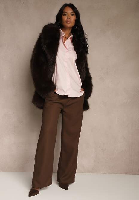 Brązowa Klasyczna Kurtka Futerko z Wąskim Wiązanym Paskiem w Talii Casfitta 4