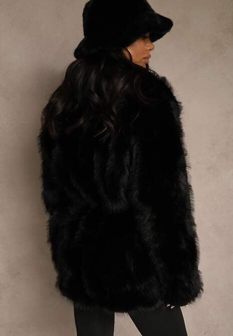 Czarna Klasyczna Kurtka Futerko z Wąskim Wiązanym Paskiem w Talii Casfitta 4