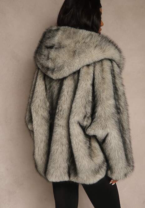 Szara Oversizowa Kurtka Futerko z Kapturem Venelle 4