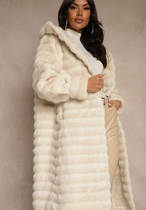 Beżowy Płaszcz Futerko z Ozdobnymi Przeszyciami i Kapturem Esetia 6