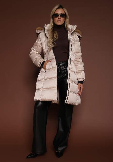 Beżowa Pikowana Kurtka o Długim Fasonie z Odpinanym Kapturem z Futerkiem  Fenalda 4