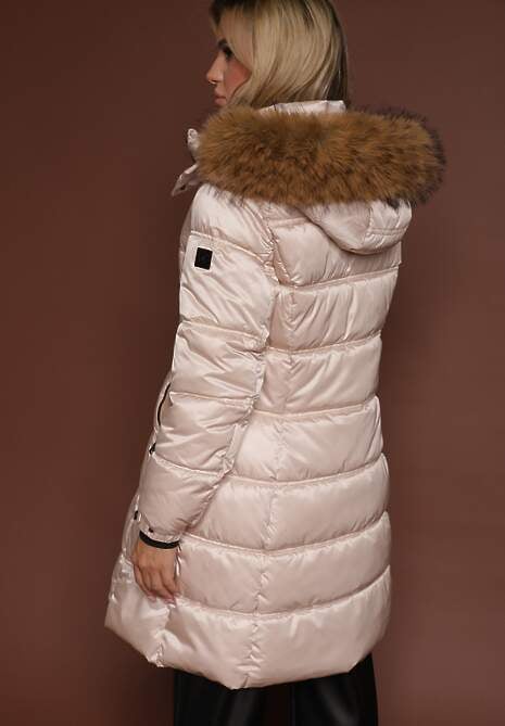 Beżowa Pikowana Kurtka o Długim Fasonie z Odpinanym Kapturem z Futerkiem  Fenalda 5