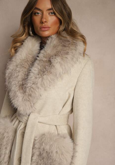 Beżowy Płaszcz z Futrzanym Kołnierzem Kieszeniami i Wiązanym Paskiem Perria 6