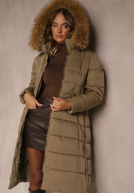 Ciemnobeżowa Pikowana Kurtka o Długim Kroju z Paskiem i Kapturem z Futrem Aveslia 4