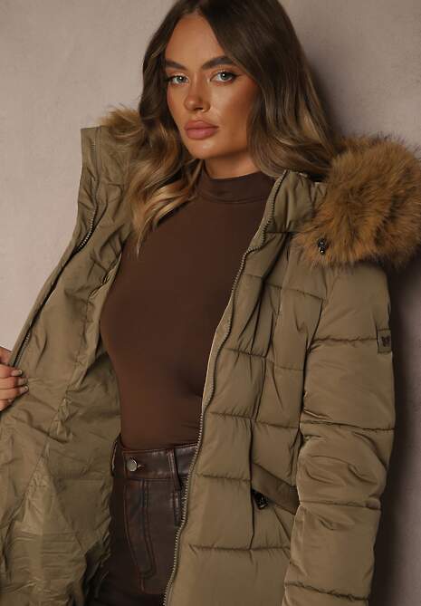 Ciemnobeżowa Pikowana Kurtka o Długim Kroju z Paskiem i Kapturem z Futrem Aveslia 5