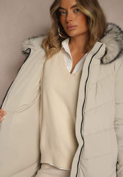 Beżowa Pikowana Kurtka o Długim Kroju z Kapturem z Futrem Galianesa 6