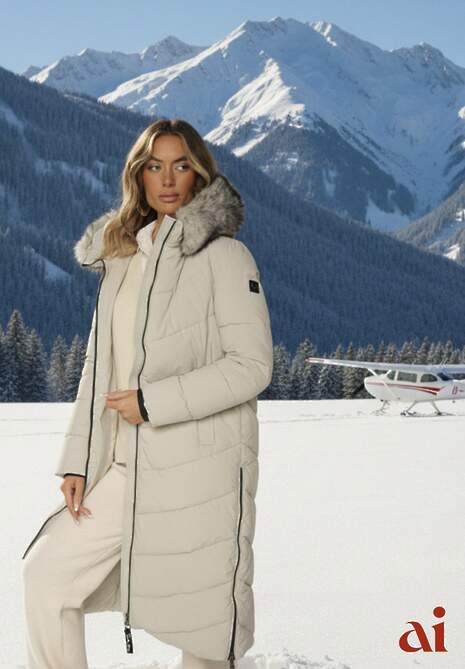 Beżowa Pikowana Kurtka o Długim Kroju z Kapturem z Futrem Galianesa