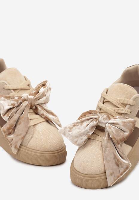 Ciemnobeżowe Sneakersy w Stylu Tenisówek Ozdobione Kokardą z Weluru Lerrive 6