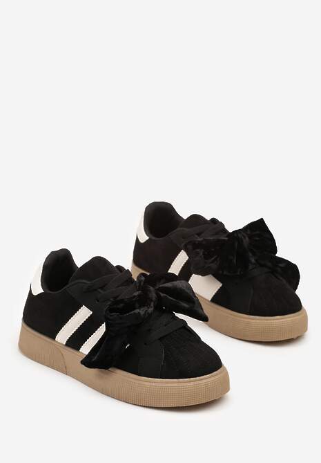 Czarne Sneakersy w Stylu Tenisówek Ozdobione Kokardą z Weluru Lerrive 5