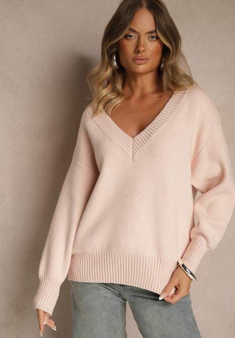 Różowy Sweter z Kaszmirem i Trójkątnym Dekoltem Plenne 4